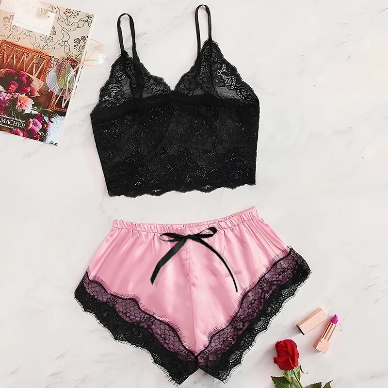 2024 sommer 2 Stücke frauen Neue Sexy Spitze Durchsichtige Pyjamas Schwarz Rosa Nette Kleidung Bequeme Atmungsaktive Hosenträger Shorts set.