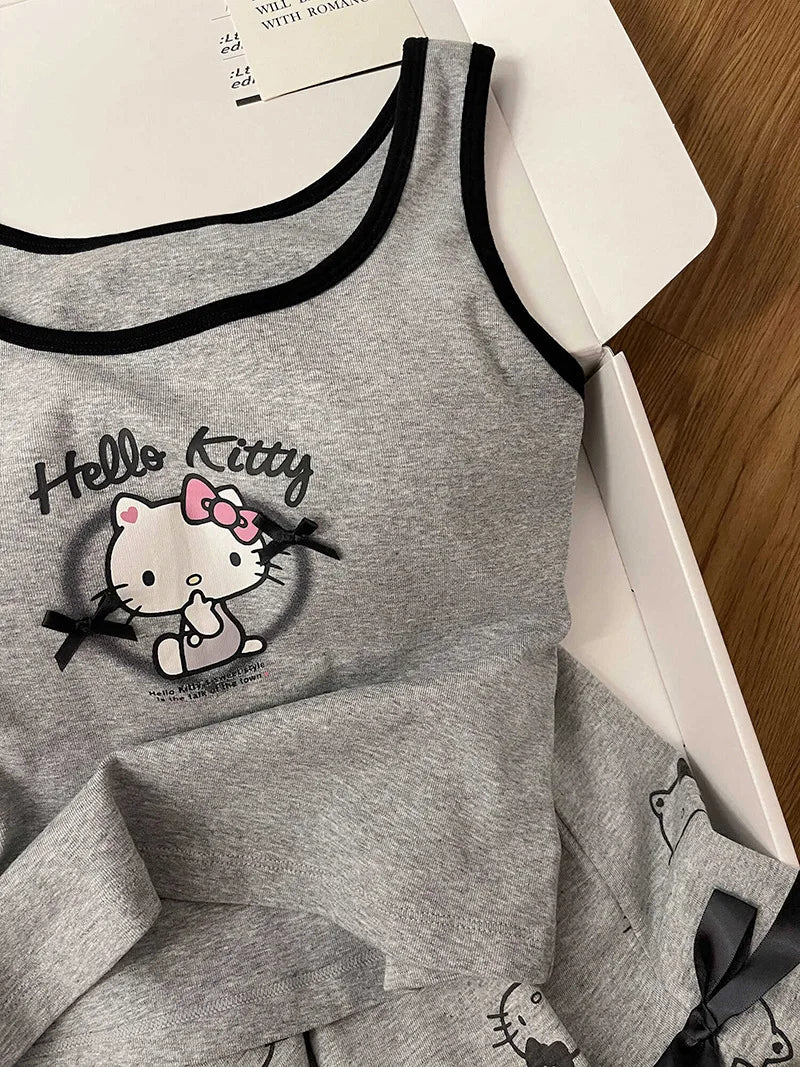 Hello Kitty Pyjama-Set für Damen, niedliche Nachtwäsche, Cartoon, ärmellos, Tank-Top, Shorts, Zuhause, Sommer, gemütliche Loungewear, Geschenk für Mädchen, Sanrio.