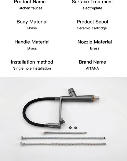 AITANA Luxury Brass Gun Grey Pull out 2-Function Kitchen Faucet Single Handle Cold and Hot Water Pure Water Design Sink Tap