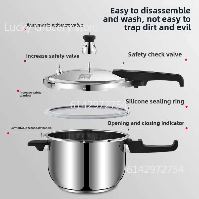 Stainless steel pressure cooker, stove compatible, used for safe cooking, canning, and stewing.