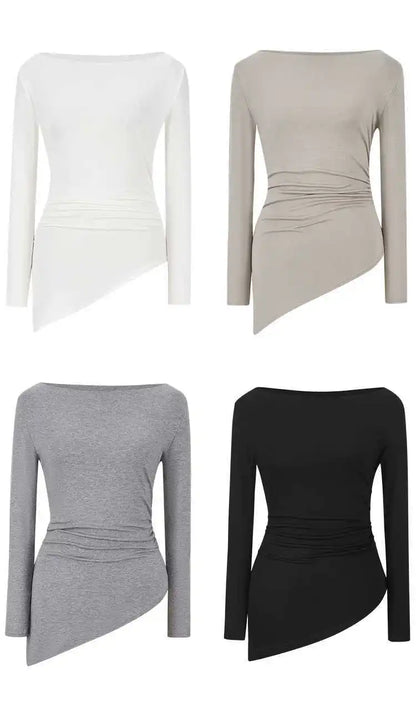 Sexy Long Sleeve T-Shirt Shoulder Bared Waist Cinched Slim Fit Knitted Cotton Solid Color Casual Urban Style for Early Autumn.