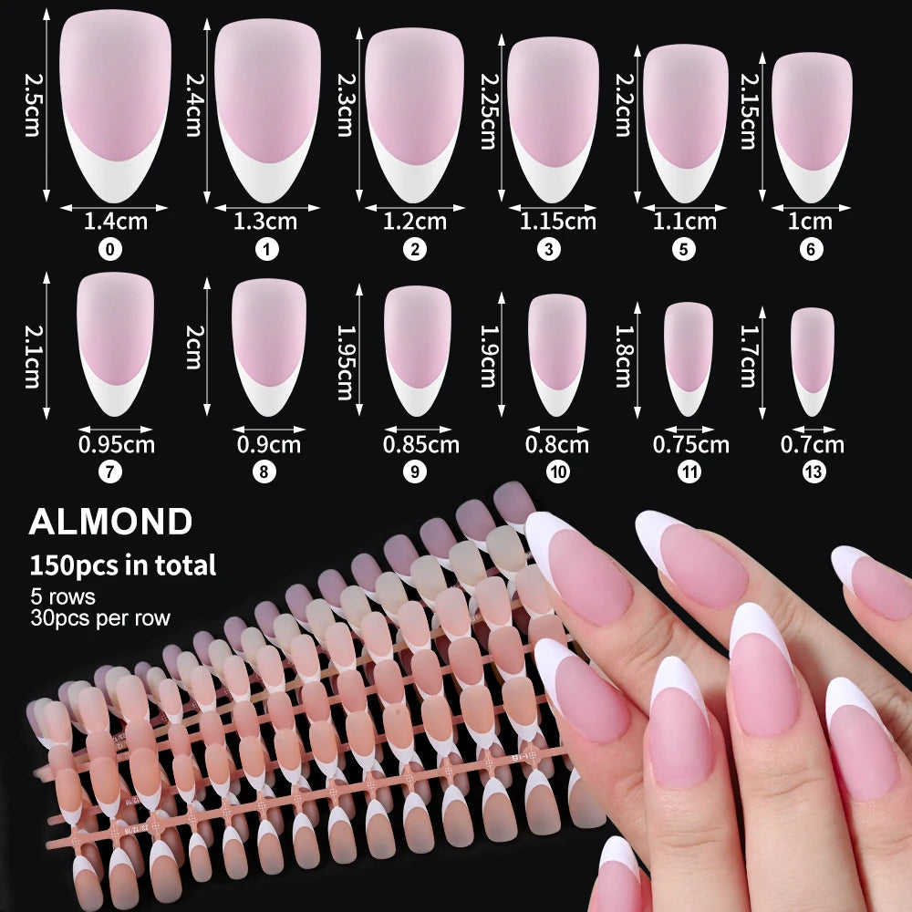 150Pcs Pre-made French False Nails Scarless Coffin Almond Fake Nail Artificial Fingernails Press on Nails for Nail Extension.