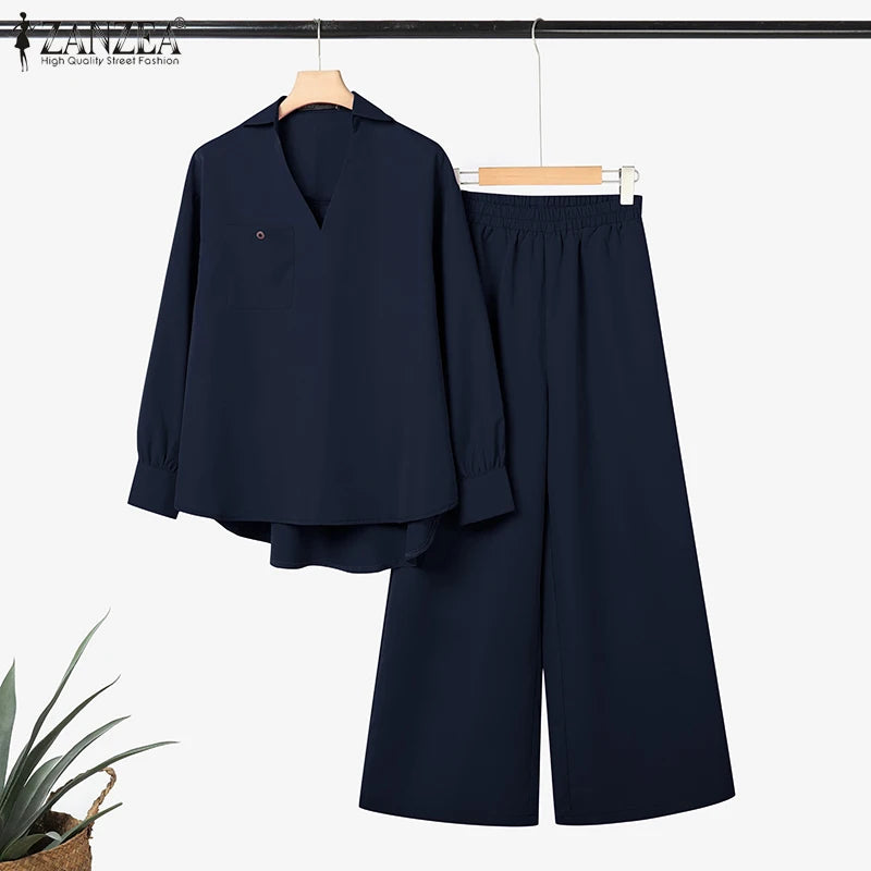 2025 ZANZEA Fashion Lapel Long Sleeve Tops Pant Suit Autumn 2 Piece Sets Women Outfits Office Pant Sets Casual Work OL Tracksuit.