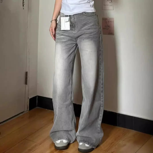 Vintage Wide-Leg Jeans Grey American Style Straight-Leg Casual Pants For Women Loose Fit Draped Spring Autumn 2024 New Arrival.