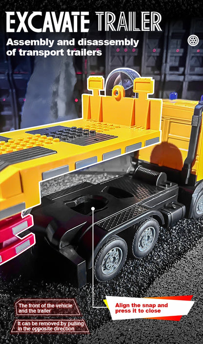 2 In 1 Rc Truck Combination Set Trailer Flat Trucks with 11Ch Excavator Engineer Vehicle 2.4G Remote Control Car Christmas Gifts.