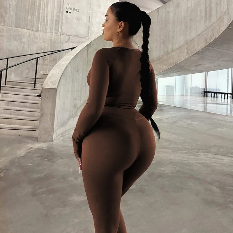 Hugcitar Pure Color Long Sleeve Crop T-Shirt Legging 2 Piece Matching Sets 2024 Spring Women Fashion Streetwear Sports Tracksuit