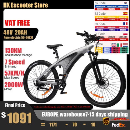 HX Q5 Ebikes 2000W Adults Electric Bike 57KM/H Electric Bicycle 27.5 Inch Removable battery Electric E Bikes Mountain Ebike.