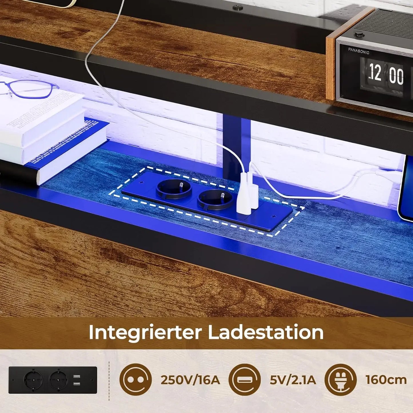 120 x 200 LED-beleuchteter Metallbettrahmen mit Steckdose und USB-Ladefunktion, Holzkopfteil, Stauraumbett B