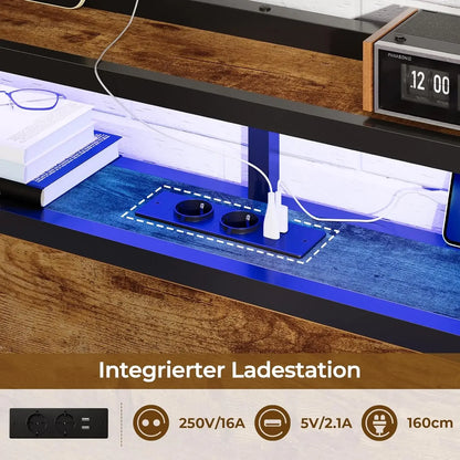 120 x 200 LED-beleuchteter Metallbettrahmen mit Steckdose und USB-Ladefunktion, Holzkopfteil, Stauraumbett B