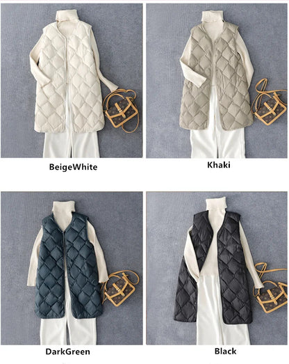 Neuheiten Koreanische X-lange Ärmellose Puffer Jacke 2025, Herbst Winter Frauen Mode Ultra Licht Unten Liner Warme Mäntel 3xl.