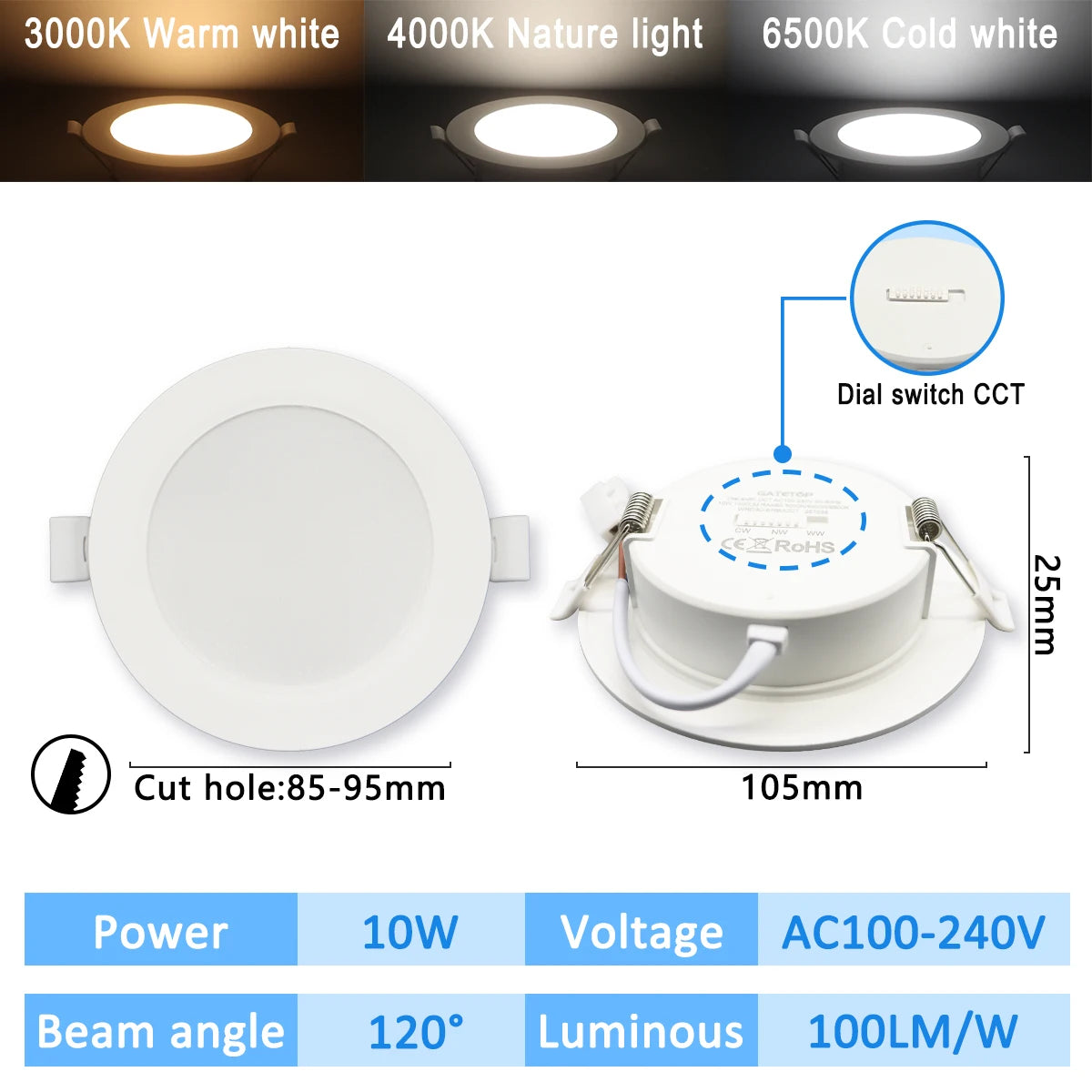 10 stücke CCT Spot Downlight Einbau LED Decke Licht 3 Farbe Eingestellt AC100-240V Zifferblatt Schalter 3000 K/4000 K/6500 K Innen Beleuchtung
