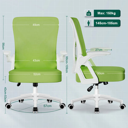 AUTHMIC Ergonomischer Netz-Bürostuhl mit Lordosenstütze, hochklappbaren Armlehnen, verstellbarer und höhenverstellbar für den Schreibtisch zu Hause – Grün