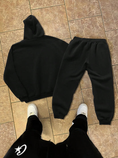 Two-piece black suit Y2K fashion pattern hoodie men clothing Harajuku Gothic women chic sports pants couple suit sportswear.