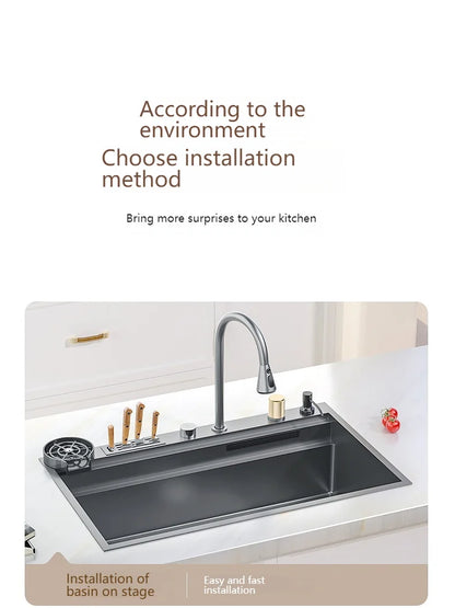 Wasserfall-Küchenspüle aus Edelstahl, extra groß, mit einem Schlitz, multifunktionale Geschirrspülbecken, Unterbaubecken, Tassenwascher