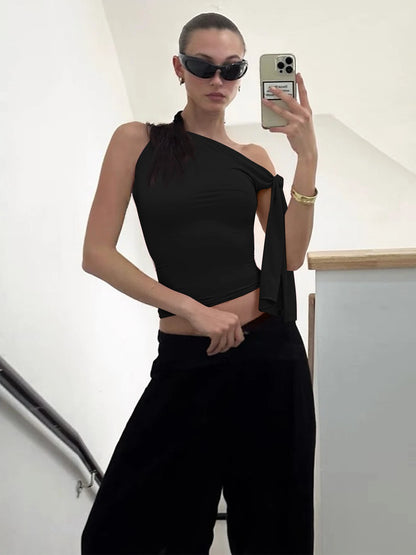 Dulzura Ladies Inclined Shoulder Sleeveless Slim Fit Lace Up Tank Top Solid Sexy Casual Y2K Top Party Club Street Summer Clothes.