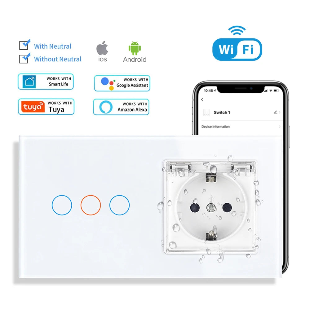 SRAN Smart Switch mit Wandsteckdose 16A EU, Tuya Smart Life Home Touch Sensor WiFi Lichtschalter Weiß