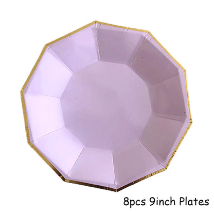 Gold Disposable Tableware Sets Purple Party Paper Cup Plates baby Shower  Birthday Party Supplies Carnival Wedding decor Favors.