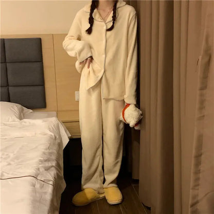 Flannel Women's Pajamas Sets Casual Autumn Winter Sleepwear Velvet Pyjama Ladies Cardigan Simple Bedroom Soft Warm Home Clothes.
