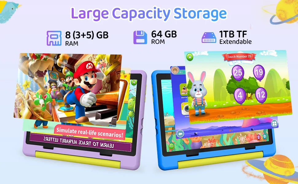 URAO 10 Inch Cartoon Pattern Kids Tablet Android Octa-Core 8GB RAM 64GB ROM Learning Education Games Tablets Children's Gifts.