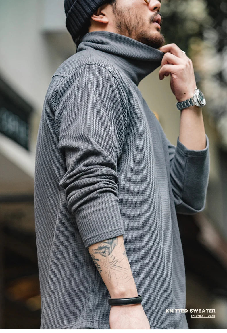 Maden Casual Gray Knitted Turtleneck Sweaters Men's Vintage 310g High Collar Waffle Pullovers Basic Fashion Black Warm Jumper.