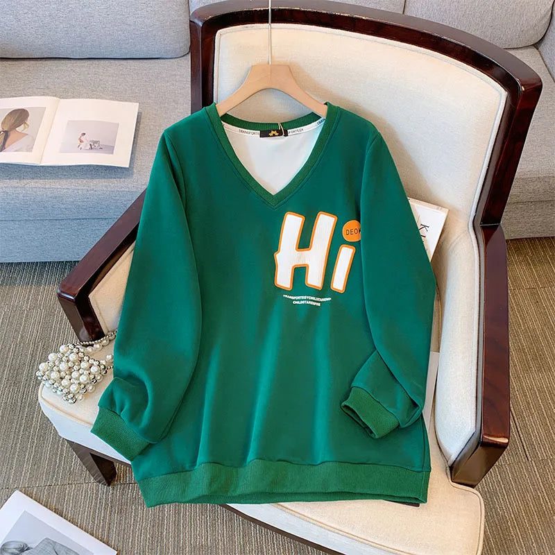 150kg plus size Damen büste Herbst Frühling loser V-Ausschnitt Brief druck Langarm Sweatshirt 6xl 7xl 8xl 9xl 10xl.