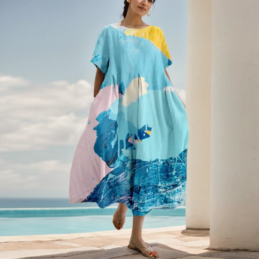 Kleid für Frauen Sommer neue Kurzarm Blumen druck O-Ausschnitt großen Saum lose Mode elegant lässig pendeln weibliche A-Linie Kleid.