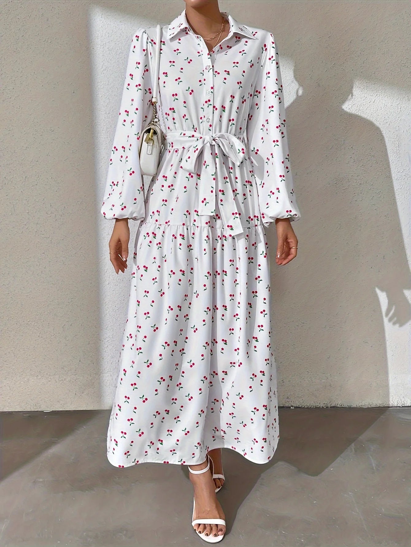 Ramadan Abaya Floral Print Button Front Dress, Casual Lantern Sleeve Dress For Spring & Fall, Women's Clothing Kebaya Kaftan.