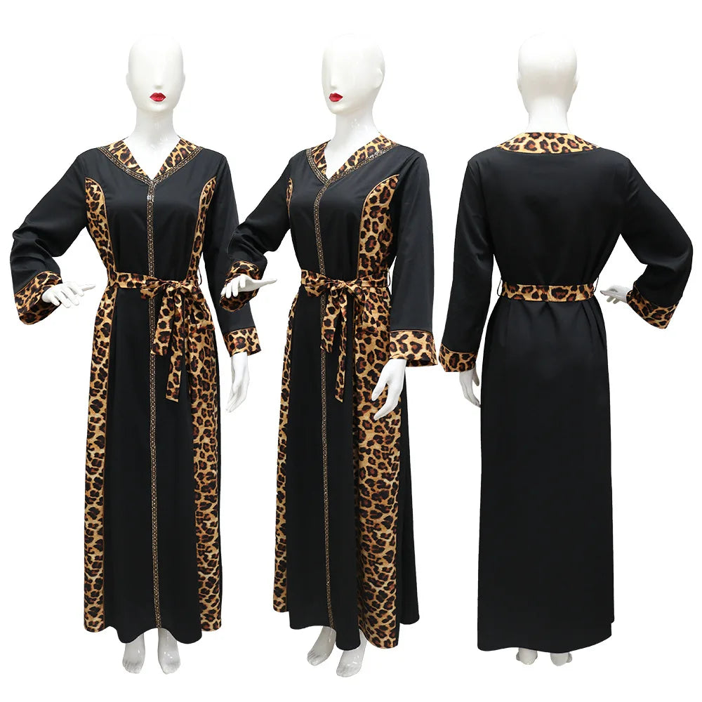 Elegantes arabisches Frauen-Partykleid, afrikanischer V-Ausschnitt, Leopardenmuster, langärmelig, Abaya, modische muslimische Dame, Urlaubskleid, islamische Kleidung