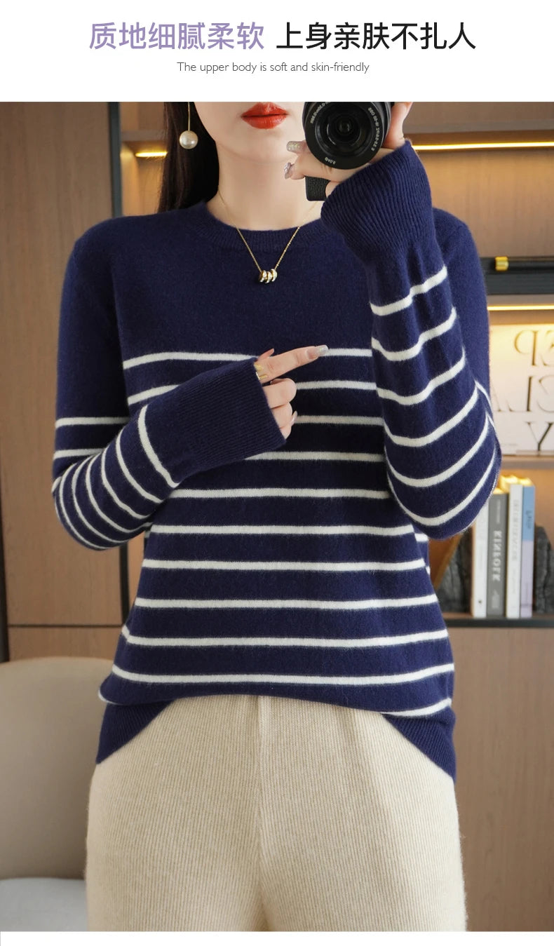Herbst Winter neue Frauen O-Ausschnitt Farbe Streifen Pullover Wolle Mischung Mode weichen warmen Pullover Kaschmir lose lässig Strick Base Top.