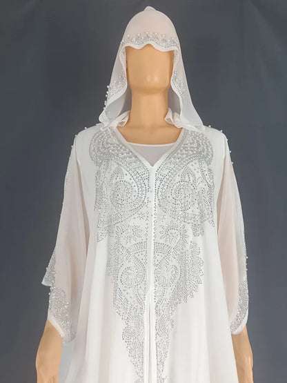 Eid Muslim Dress for Women Hooded Abaya 2 Piece Set Diamond Jalabiya Morocco Party Dresses Dubai Abayas Kaftan Vestido Long Robe.