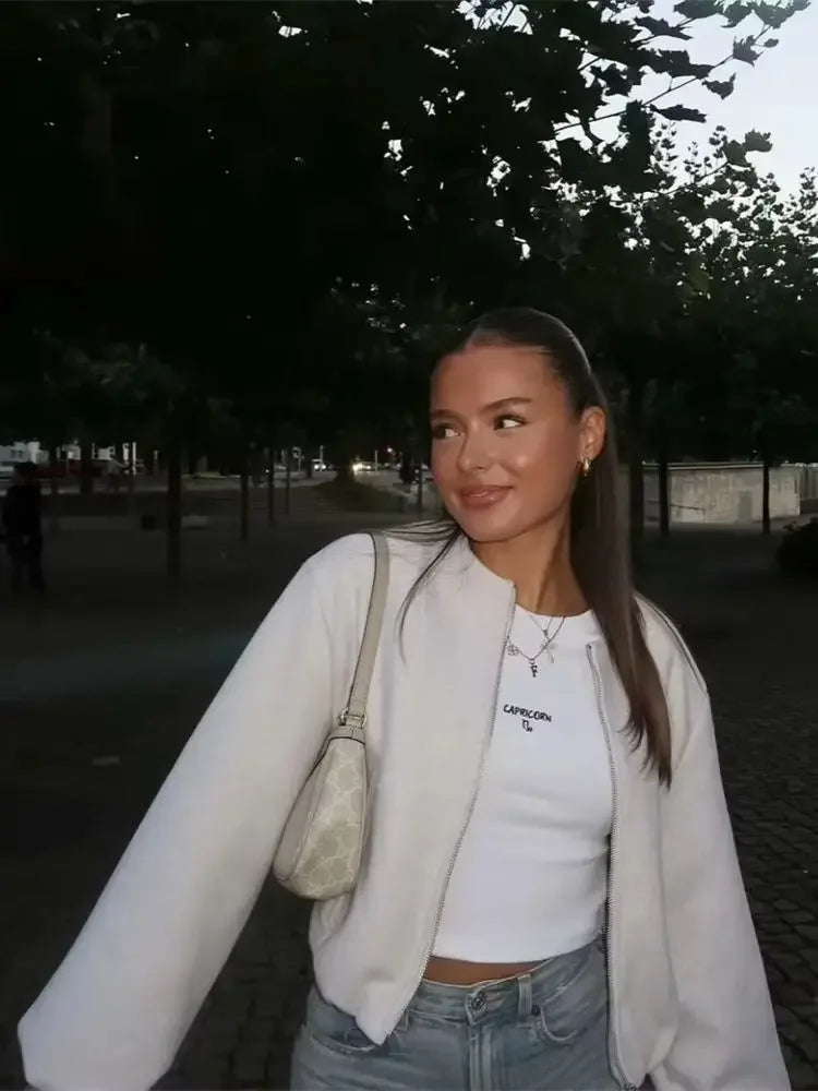 Damen Mode Herbst Winter Jacke Frauen Retro Rundhals Langarm Elastische Saum Zipper Weiche Bomber Jacke Frauen Mantel Weibliche.