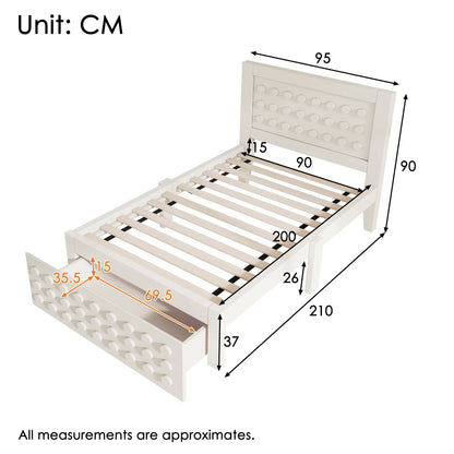 Jugendbett mit kreativem Blockdesign, Gestell aus Massivholz mit Gitterrost, mit Stauraum unter dem Bett, ohne Matratze