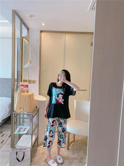 Sommer Pooh Bär Nachtwäsche frauen Lose Bequeme Cartoon Print Hause Kleidung Set Kurzarm Nachthemd Mickey Pyjama Set.