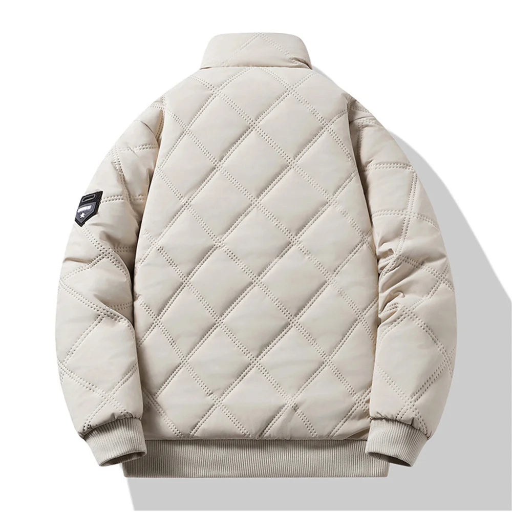 New Windproof Thermal Diamond-Quilted Cotton Jacket Winter Men's Fleece-Lined Thickened Cuff Design Stand-Up Collar Jacket.