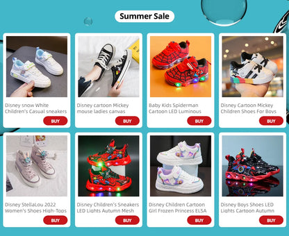 Disney Boys Shoes LED Lights Cartoon Autumn Children's Sports Shoes Leather Non-slip Children's Running Shoes Sneaker Size 25-35.