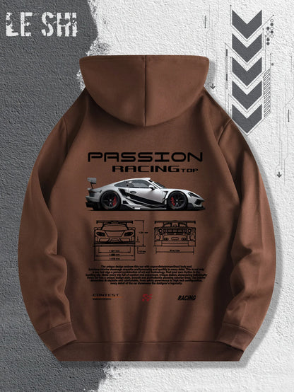 2025 Men's Autumn and Winter Car Print Hooded and Fleece Versatile Sporty Casual Loose Street Style Autumn and Winter Pullover.