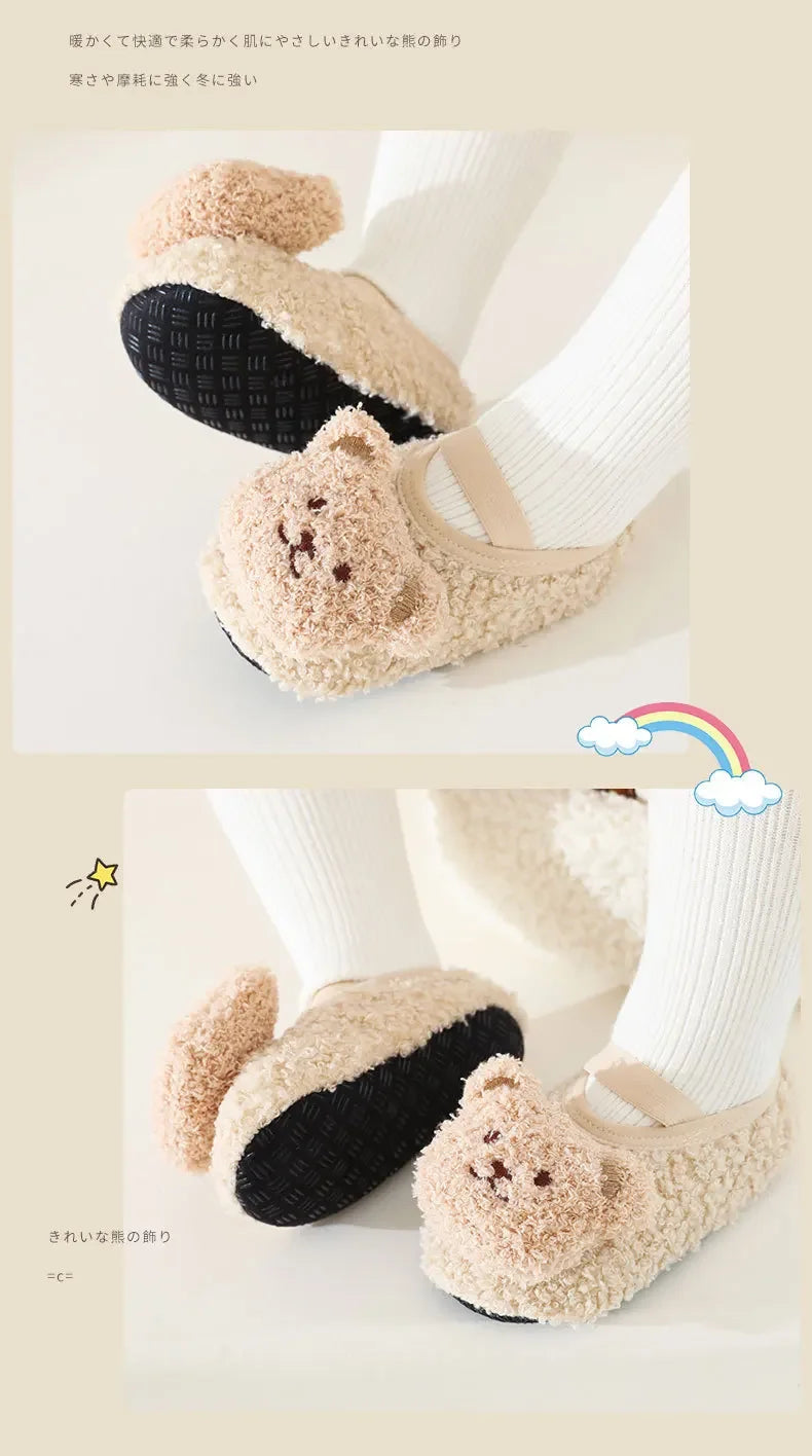 Warm Newborn First Walker for Boy Girl Cartoon Animal Bear Indoor Non-slip Floor Shoes Winter Fury Plush Floor Shoes