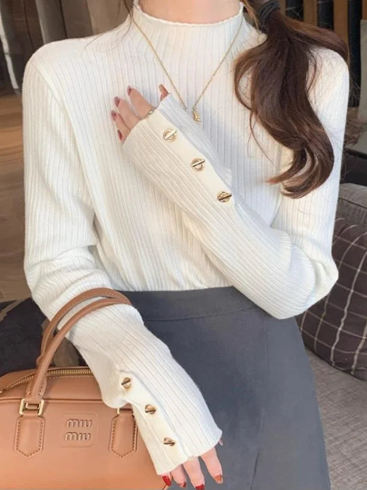 2025, weibliche Casual Tops Pullover Frauen Herbst Winter Gestrickte Dünne Pullover Feste Taste Volle Hülse Halb Hohen Kragen Pullover.