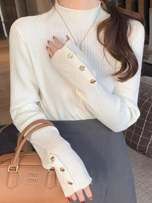 2025, weibliche Casual Tops Pullover Frauen Herbst Winter Gestrickte Dünne Pullover Feste Taste Volle Hülse Halb Hohen Kragen Pullover.