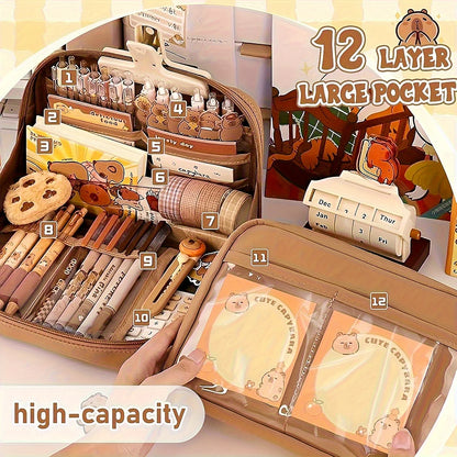 17-teiliges Capybara-Briefpapier-Set, süßes Capybara-Federmäppchen, mehrschichtige Schul-Bleistiftbox mit Aufklebern, Schlüsselanhänger, Brosche.