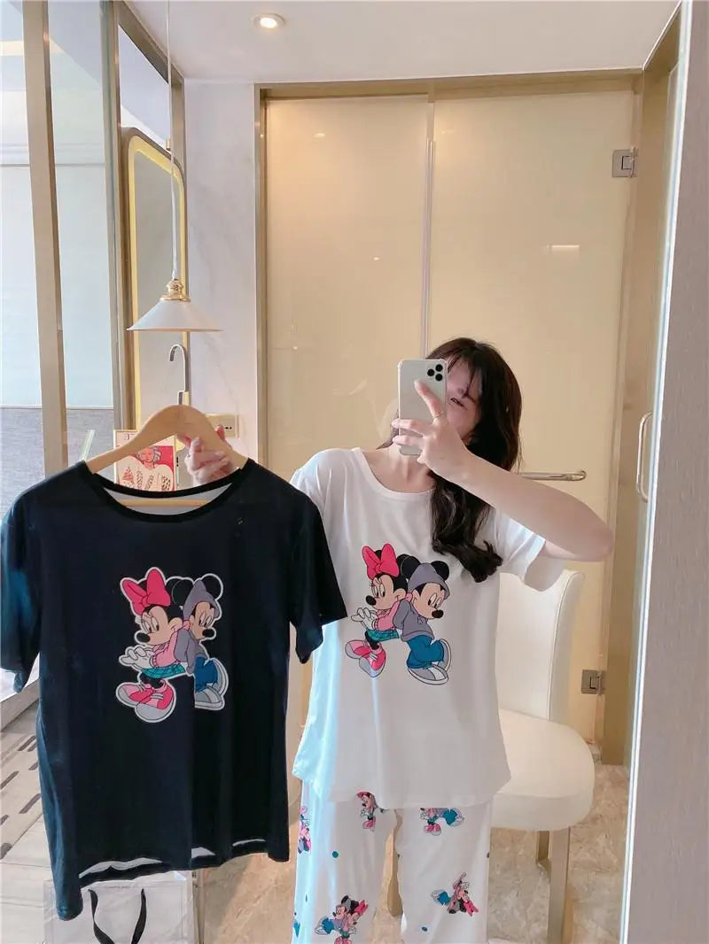 Sommer Pooh Bär Nachtwäsche frauen Lose Bequeme Cartoon Print Hause Kleidung Set Kurzarm Nachthemd Mickey Pyjama Set