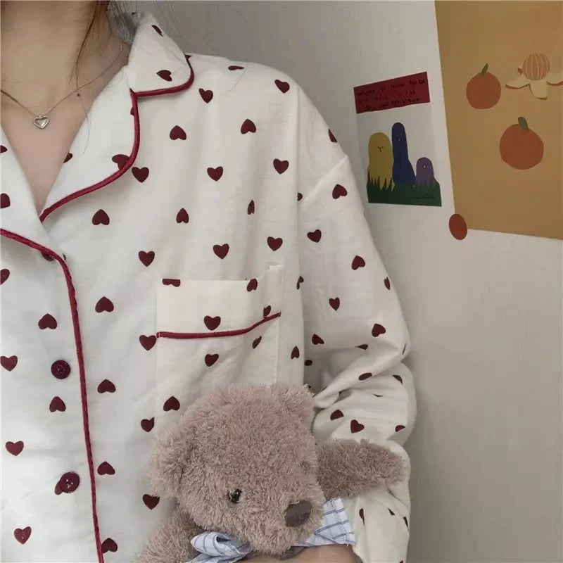 M-XXL Large Size Nightwear Women Sleepwear Autumn and Winter Cardigan Home Wear Peach Heart Long Sleeves School Silk Pajamas.