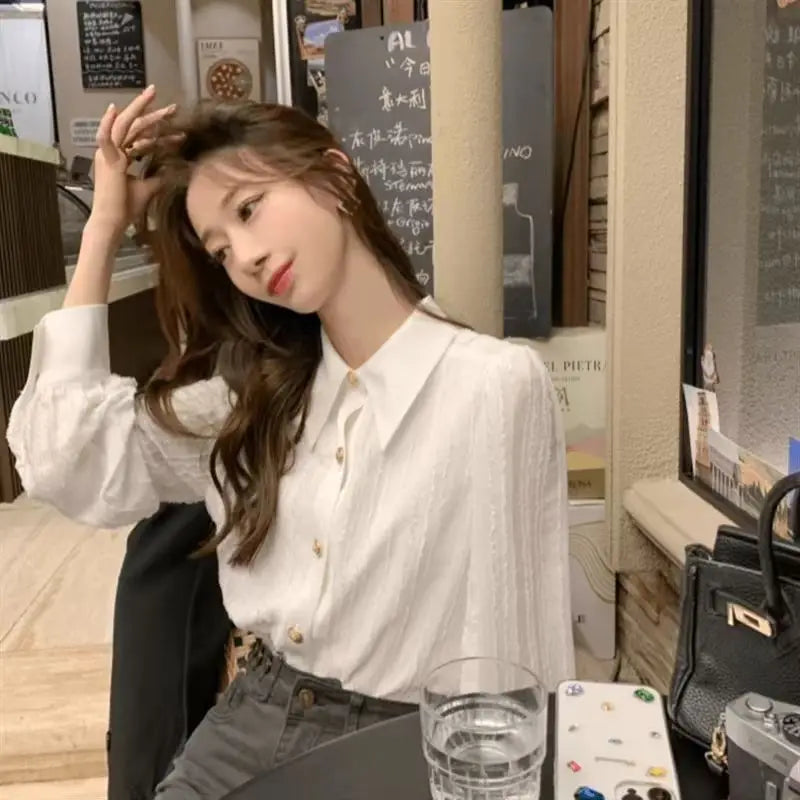 Women Clothing Spring Autumn Simplicity Office Lady Button White Polo Collar Women Shirts All-match Elegant Long Sleeve Cardigan.