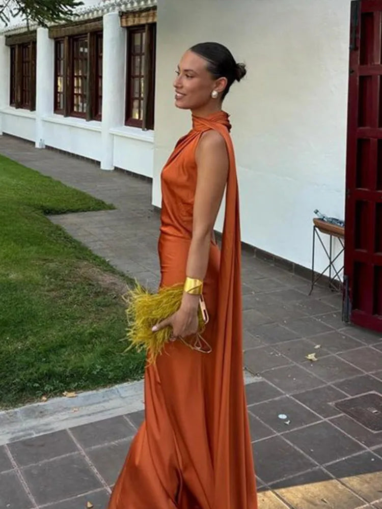 Band hängenden Hals lange Kleider schräg Schulter schnüren rücken frei seidig Satin Temperament Slim Fit Neck holder Frau Fischschwanz Kleid