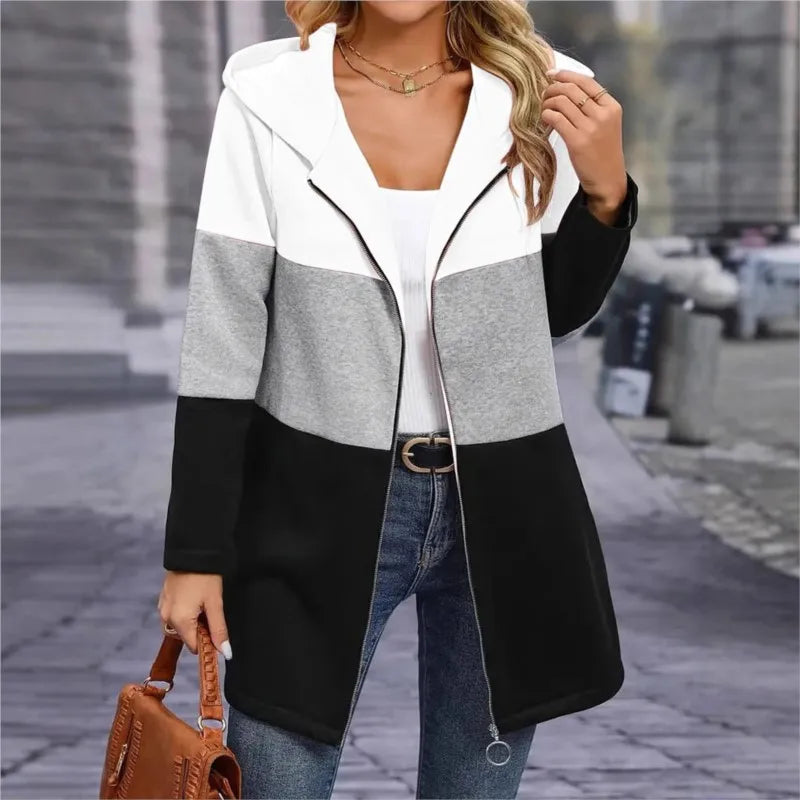Frauen Casual Jacke Kosten Frühling Mode Lose Kontrast Farbe Drei Farbe Spleißen Kapuze Jacke Zipper Tops Frauen Kleidung.