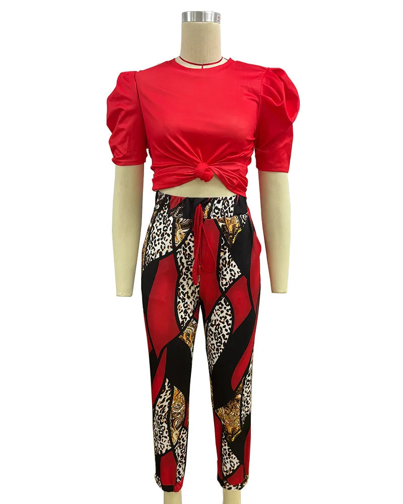 Summer Women's New Short Sleeved Pants Two-piece Commuting Fashion Printed Drawstring Sexy Exposed Waist Pants Set.