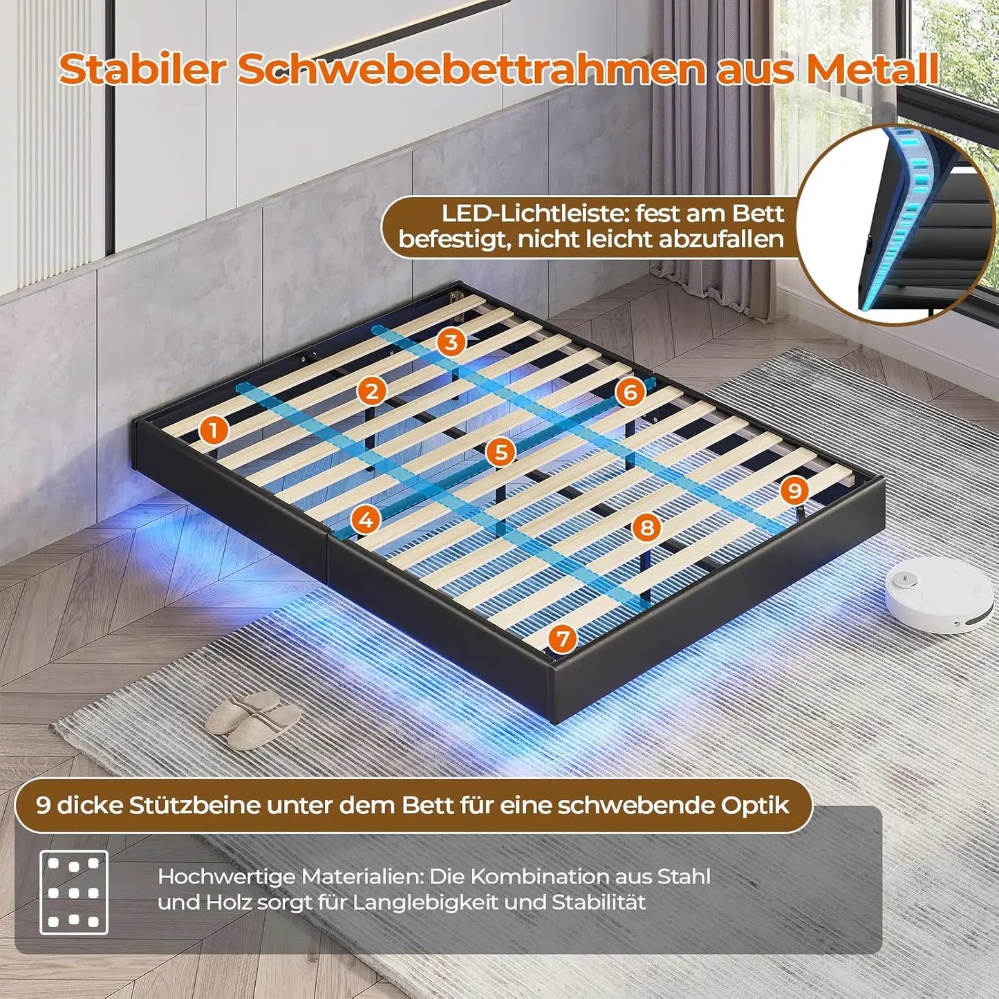 Bett 140x200 mit verstellbarer Beleuchtung, Bettgestell 140x200 mit weicher Polsterung, schwebender Bettrahmen, gepolsterte Jugendbe