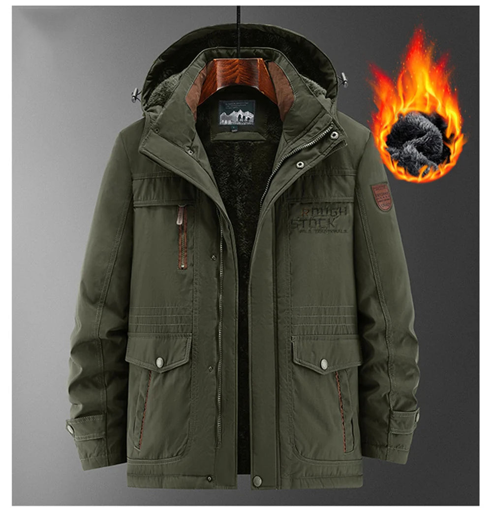 New Autumn/Winter Men's Fleece-Lined Thickened Cotton Coat Casual Vintage Workwear Jacket with Detachable Hood Multiple Pockets.