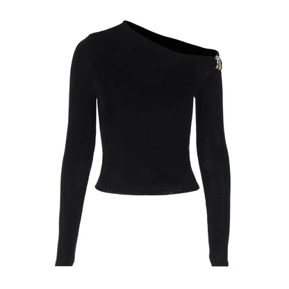 Blifanbo Oblique Shoulder Long Sleeve Tops For Women Metal Buckle Slim Fit Sexy Solid Color Bodycon Fashion BasicTop Streetwear.