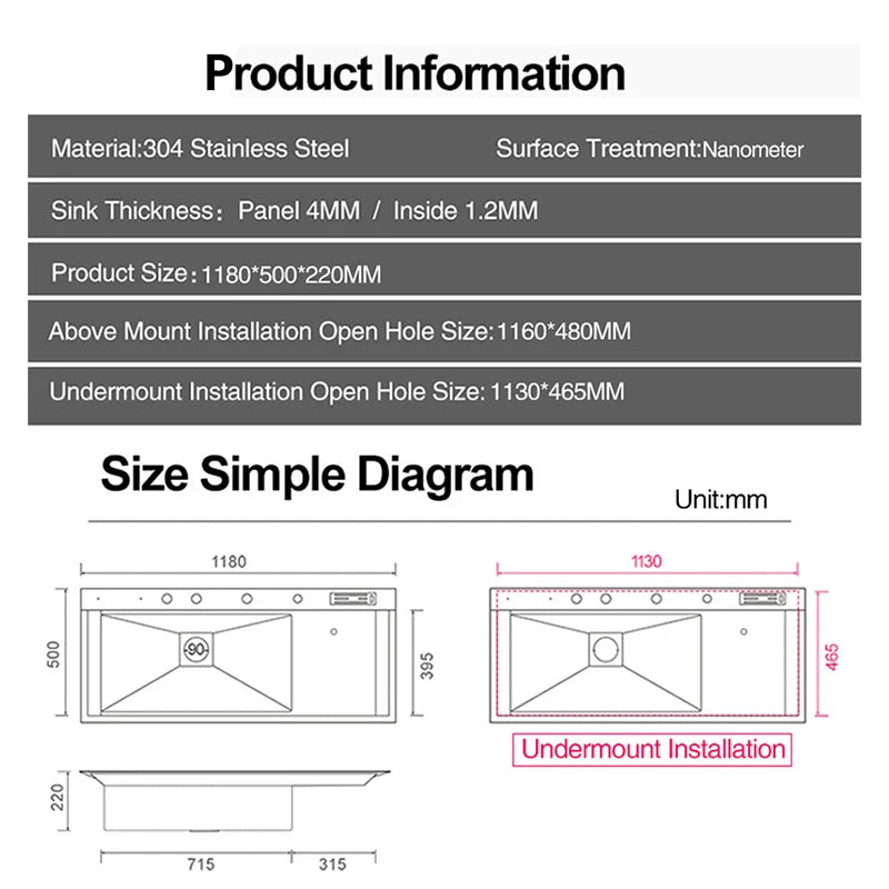 ASRAS New Nanometer Large Size Single Cup Rinser Kitchen Sink 4mm Thickness 220mm Depth With Drain Plate Knife Holder Sinks
